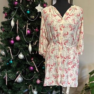 *TUCKER* Petite Cream x Pink Floral 100% Silk Long Sleeve Button Dress Size P